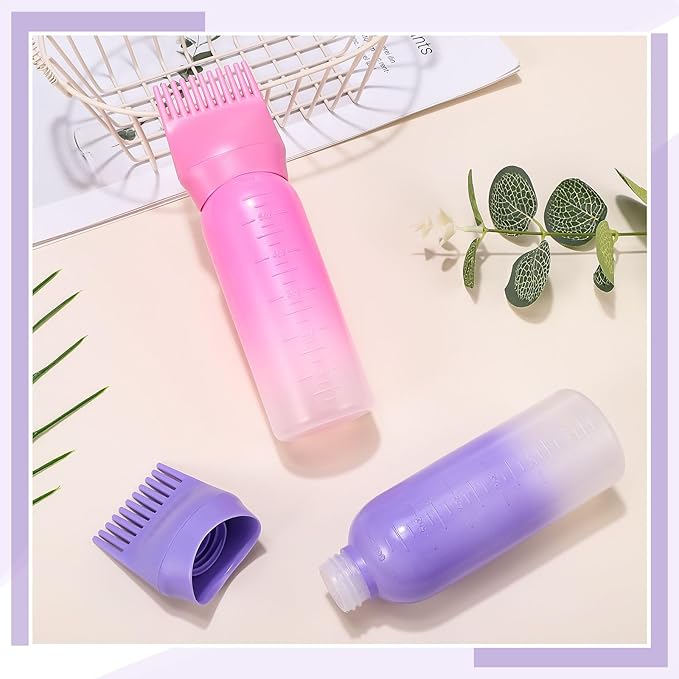 Pimoys 2 Pack Root Comb Applicator Bottle 6 Ounce Oil Applicator for Hair Dye Hair Oiling Bottle Applicator Brush with Graduated Scale, Gradient Color