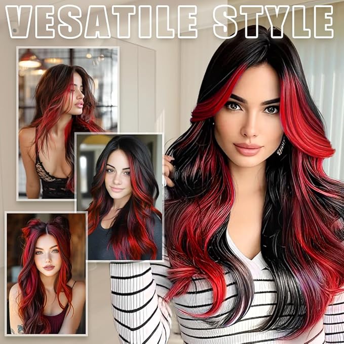 Vigorous Clip in Hair Extensions 24Inch Black with Red Highlights Hair Extension Clip Ins 4Pcs Long Wavy Soft Synthetic Hairpieces for Women Girls Daily Use Event Party Use