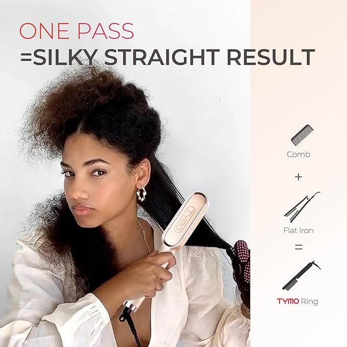 TYMO Ring Hair Straightener Brush – Hair Straightening Iron with Built-in Comb, 20s Fast Heating & 5 Temp Settings & Anti-Scald, Perfect for Professional Salon at Home, Peach