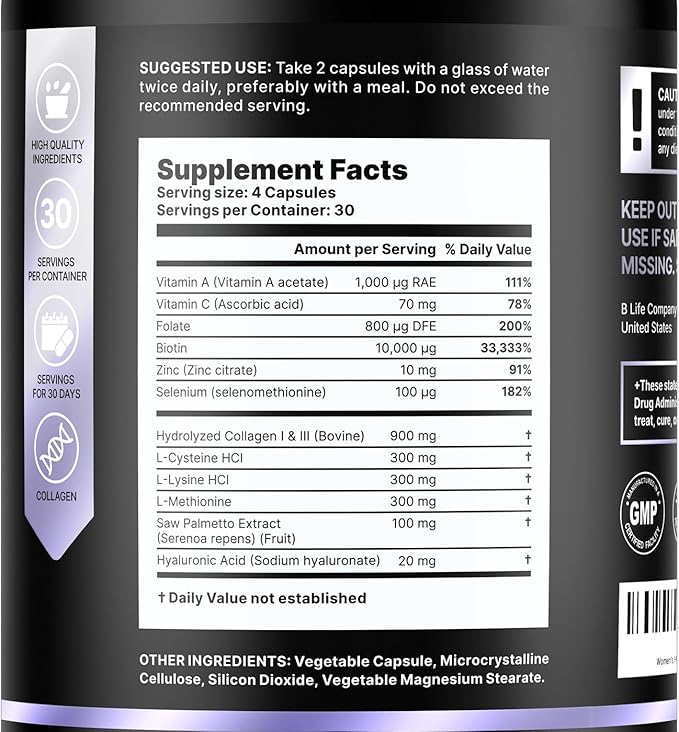 Hair Vitamins for Hair Loss for Women – Biotin 10000 mcg – Hair Growth Treatments for Women – Healthy Hair Skin and Nails – Collagen Promotes Hair Strength and Health - 120 Capsules – 30 Servings