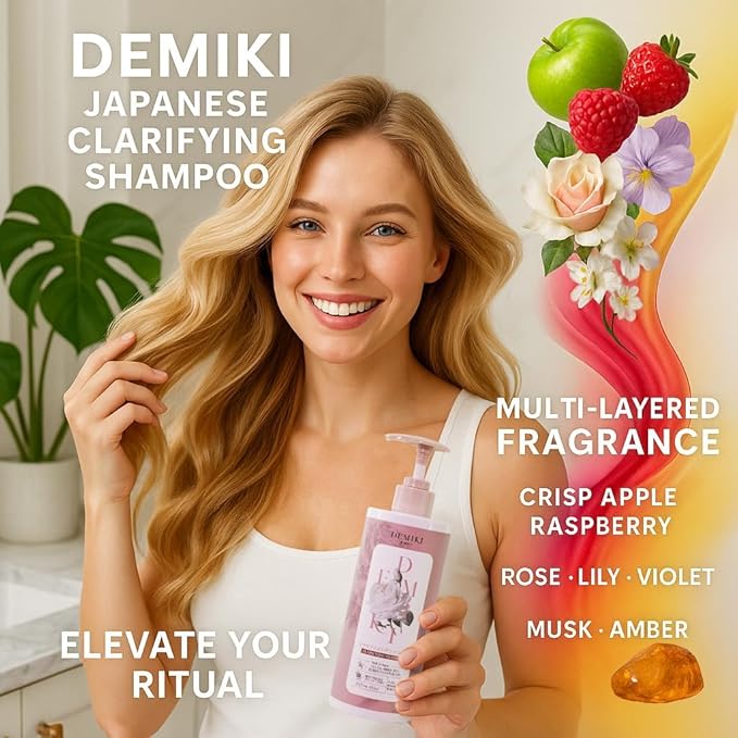 DEMIKI Shampoo for Women,Japanese Shampoo for Oily Hair, Keratin Care,Organic Rose Scent, Pink, Clarifying, Moisturizing, Anti Dandruff, Volumizing Hair Care, Sulfate Free & Paraben Free, 450ml,16oz