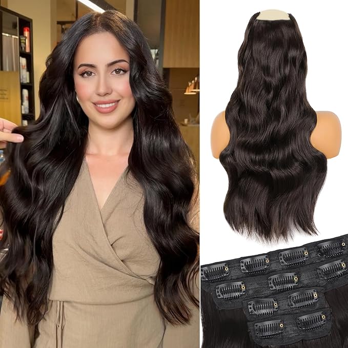Vigorous Dark Brown Hair Extension 24InchLong Clip in Hair Extensions 4Pcs Thick Long Wavy Synthetic Hairpieces for Women