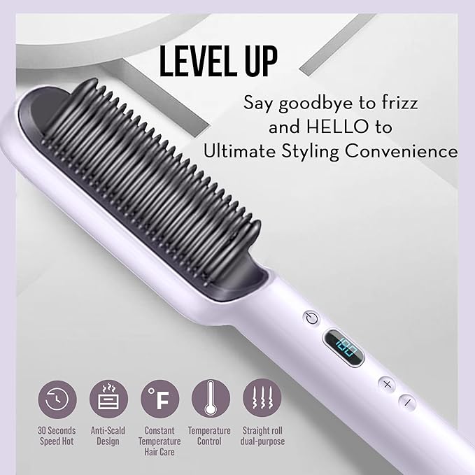Hair Straightener Dual Brush Head - Straighten Frizzy Hair w Ease — Titanium Ionic Comb with 17 Temp Settings w LCD Display - Fast Heating, Salon-Quality Styling Tool for Women, Lavender-Royal