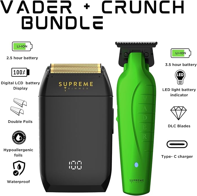 Supreme Trimmer Vader Trimmer & Crunch Foil Shaver Barber Haircutting Kit | Professional DLC T-Blade Beard Trimmer ST3778 & STF602 Waterproof IPX6 Shaver Set | (Acid)