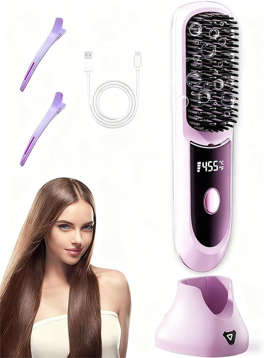 Go Brush Pro Hair Straightener – Cordless Comb with Negative Ion, 7400mAh Fast Heating & Portable Travel Design, Rechargeable Brush for Straightening and Curling (Purple-1Pcs)