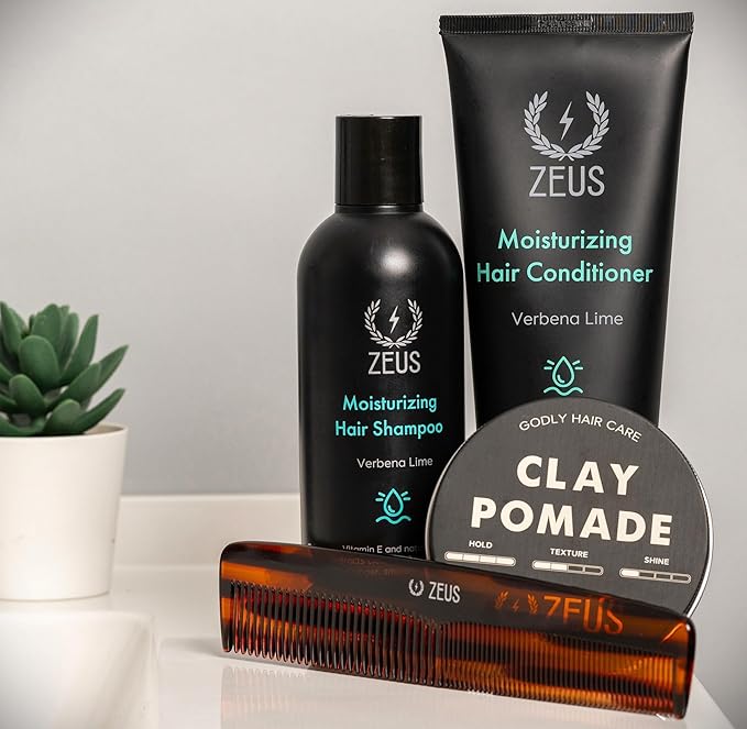 ZEUS Hair Wash & Pomade Set for Men, Moisturizing Shampoo, Hydrating Conditioner, Hair Comb & Styling Hair Pomade with Gift Tin (Clay Pomade)