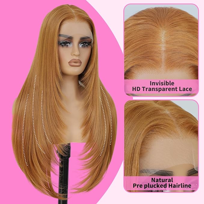 13x4 Synthetic Lace Front Wigs Pre Plucked 26 Inch Long Layered Ginger Straight Wigs For Women 100% Futura Premium Fiber Ready to Wear Wig With Bangs Beginner Friendly Daily Party Use