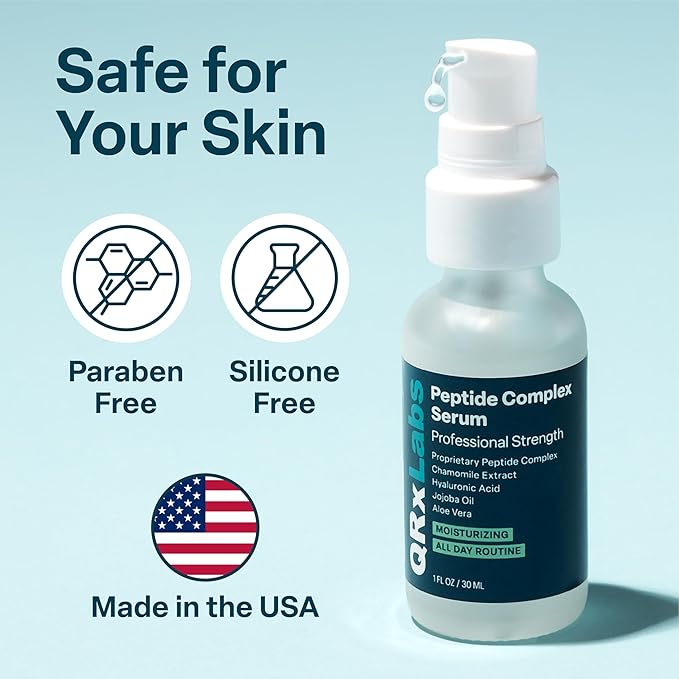 QRxLabs Peptide Complex Face Serum - Firming Collagen Booster & Hydrating Hyaluronic Acid with Chamomile Extarct - Revitalizing Antiaging Skincare - Unscented Gel, 1 Fl Oz