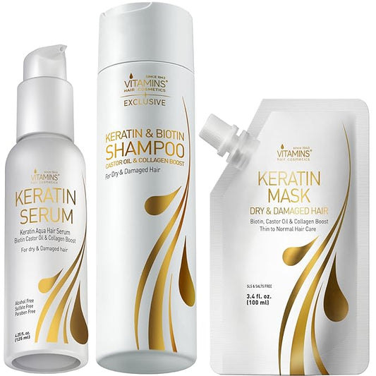 Vitamins Keratin Travel Kit - Weightless Heat Protectant, Nourishing Clarifying Shampoo, Intensive Deep Conditioner for Damaged Hair