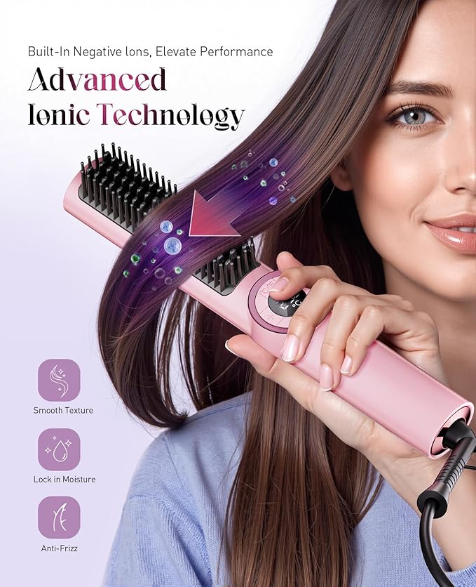 Hair Straightener Brush: 3-in-1 Curling & Straightening Comb with Dual Voltage, Hot Comb with Ionic Coating, Pink