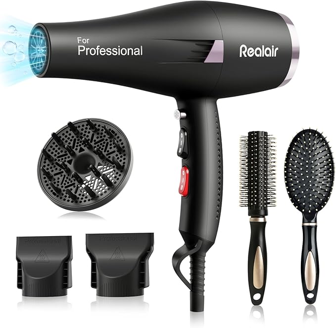 Professional 1875W Blow Dryer with Diffuser, Lightweight & Quiet Hair Dryer for Women and Men, Fast Drying with 3 Heat 2 Speed Settings, Travel Blow Dryer with Concentrator & Cold Shot (Black)