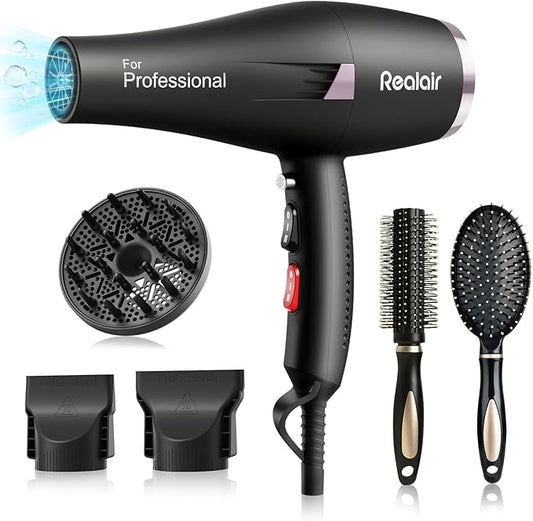 Professional 1875W Blow Dryer with Diffuser, Lightweight & Quiet Hair Dryer for Women and Men, Fast Drying with 3 Heat 2 Speed Settings, Travel Blow Dryer with Concentrator & Cold Shot (Black)
