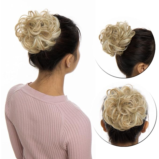 Benehair Messy Bun Hair Piece Scrunchy Updo Hair Pieces for Women Fluffy Wavy Hair Bun Scrunchies Donut Hairpiece Synthetic Chignons With Elastic Rubber Band Dark Blonde & Bleach Blonde 1pc 25g