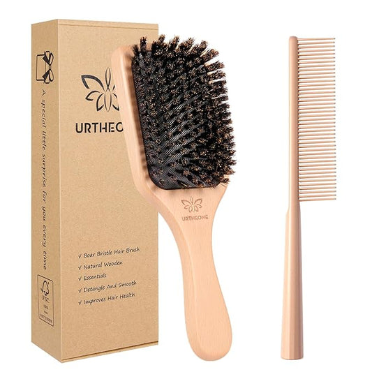 URTHEONE Soft Boar Bristle Hair Brush and Wide Tooth Comb Set | Detangle & Smooth for Ultimate Shine, Frizz Control & Slick Back Styles, Beechwood Base