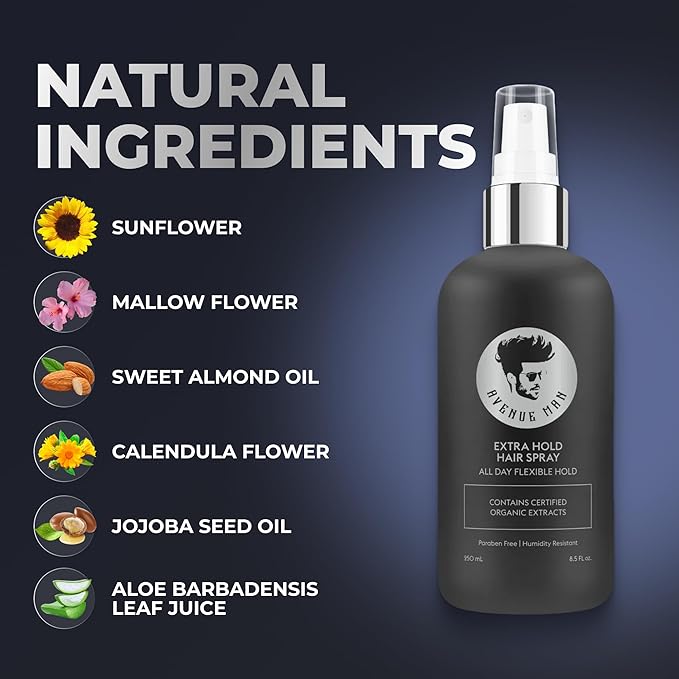 Avenue Man Hair Spray for Men - Premium Mens Hairspray Extra Hold - Frizz Control, Humidity Resistant & Paraben-Free Extra Strong Hold Hairspray for Men - Non-Aerosol Formula - All Hair Types (8.5 oz)