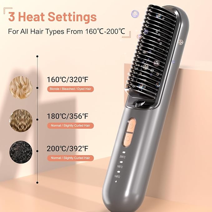 Cordless Hair Straightener Brush Portable Mini USB-C Hair Straightening Comb Anti-Scald Rechargeable Hot Hair Dryer Straightener Brush for Girls Women for Travel Styling