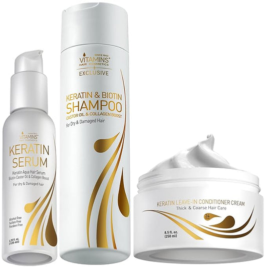 VITAMINS hair cosmetics Keratin Hair Serum, Shampoo & Thick Hair Leave-In Cream Kit - Heat Protectant Anti-Frizz Serum, Deep Cleansing Shampoo & No Rinse Hydrating Detangler for Dry Damaged Thick Hair