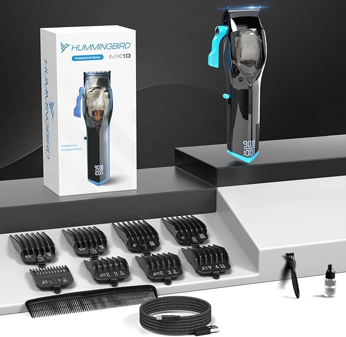 HUMMINGBIRD MK10 Pro Series Hair Clippers – 9,000 RPM Brushless Motor, DLC Blade, Cordless USB-C Rechargeable, Super Torque, Professional Barber Clippers, Haircut Kit, Includes Barber Cape & Comb