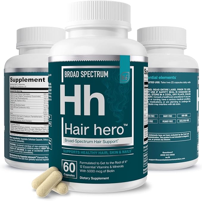 Essential Elements® Hair Hero™ - Hair Vitamins for Men - Broad-Spectrum Support with 5000 mcg Biotin - 60 Count - 30 Servings