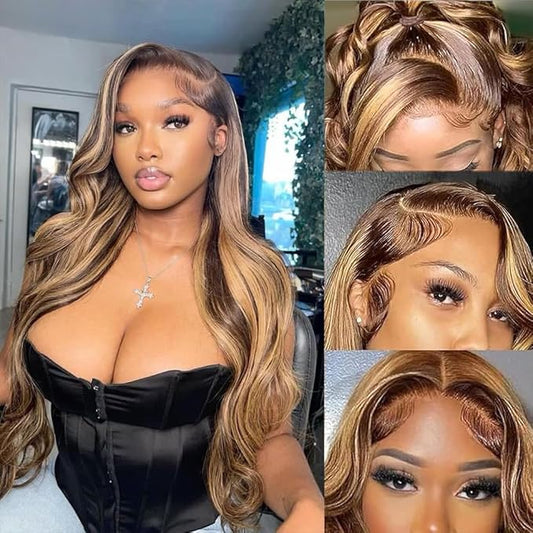 Highlight Ombre Lace Front Human Hair Wig - Pre-Plucked Body Wave 4/27 Colored Honey Blonde - 13x4 HD Lace Frontal 180 Density Glueless for Women - 24 Inch