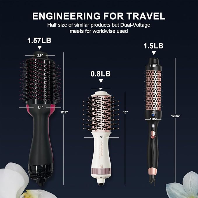Travel Dual Voltage Hair Dryer Brush 4-IN-1 Portable Mini Hot Air Blow Dryer Straightener & Curler Brush, Titanium Round Blowout Styler Volumizer Tools, 110/240V US/EU/UK Plug for International Travel