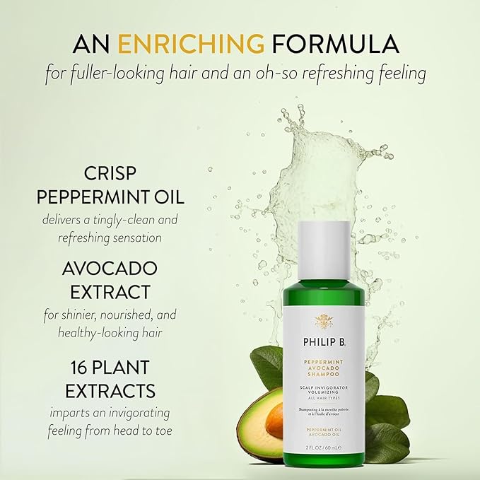 PHILIP B Peppermint Avocado Shampoo, 2 fl. oz. (60 ml) - Volumizing & Clarifying Shampoo for Dry to Oily Hair and Scalp, Non-Stripping