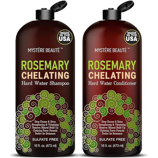 MYSTÈRE BEAUTÉ Rosemary Chelating Shampoo and Conditioner Set – Sulfate Free Hard Water Hair Care with Biotin, Keratin & Tea Tree – Clarifying & Strengthening Duo for Hair Growth – 16 oz Each