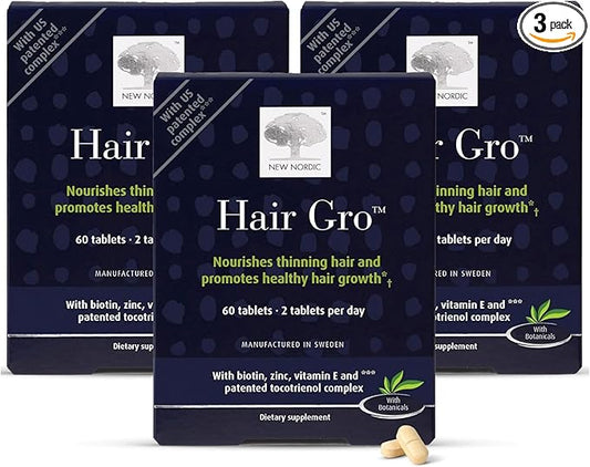 NEW NORDIC Hair GRO, Hair Growth Supplement, Biotin & Palm Fruit Extract Tocotrienols for Natural Regrowth, 60 Count (Pack of 3)