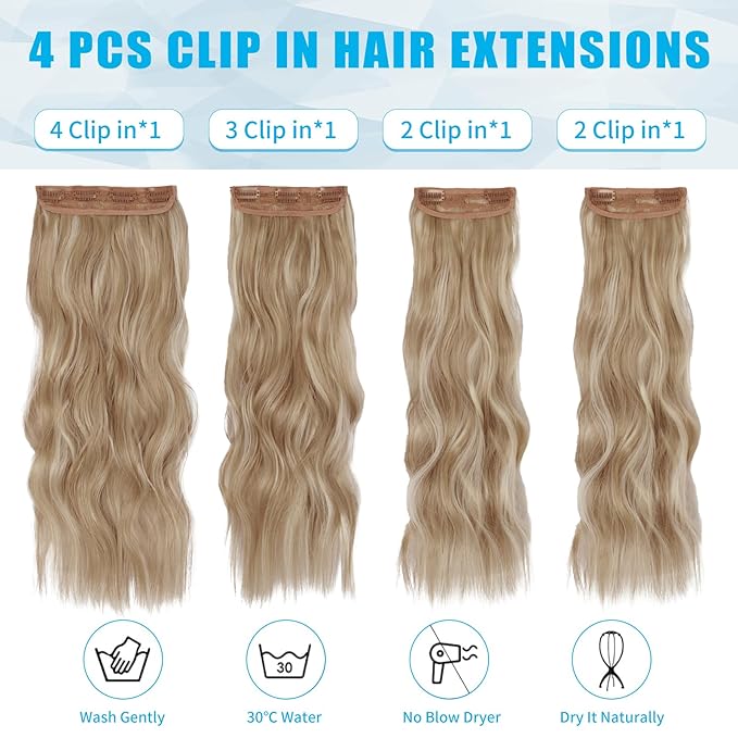 Vigorous Clip in Hair Extensions 4PCS Blonde mix Bleach Blonde Long Wavy Hairpieces 24Inch Hair Extensions Clip Ins Soft Synthetic Hairpieces for Women