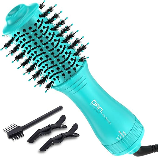 Dan Technology Hot Air Brush, 4-in-1 Hair Dryer, Comb, Straightener, and Curler, with Ceramic Glaze Barrel, for Damp, Fluffy, Messy, Straightened, Dried, Curly Hair, 2-Inch, Cyan
