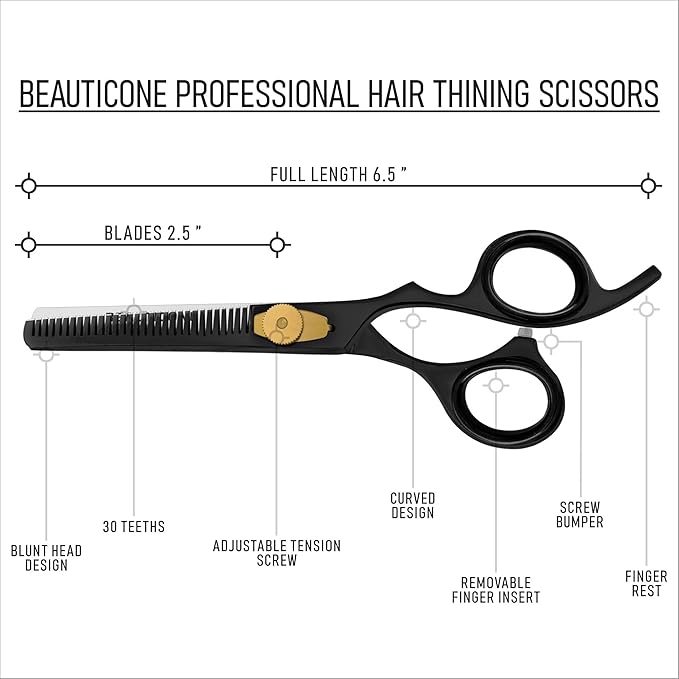 BEAUTICONE Hair Cutting & Thinning Scissors Set | 6.5 Inch Professional Stainless Steel Barber Shears | Hairdressing Scissors | Smooth & Sharp Edge Blades - for Men/Women (Black set of 2)