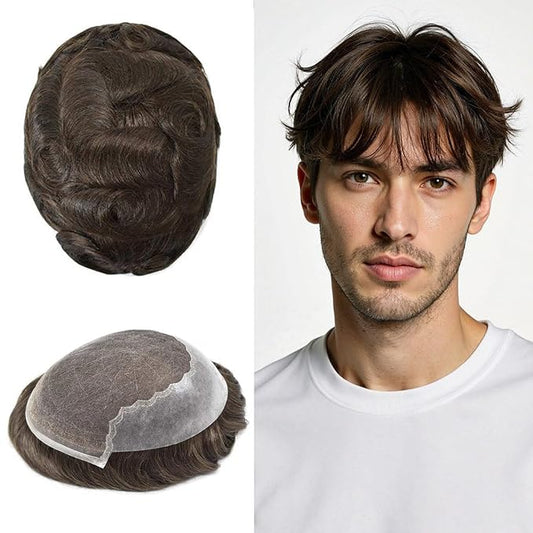 Mens Hair System French Lace Front Bleached Knots Human Hair Toupee for Men Hairpiece