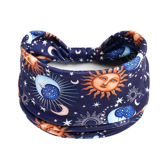 1 Pack Boho Headbands Stretch Paisley Print Bandana Headband Criss Cross Hair Bands Knotted Head Wrap Yoga Daily for Women and Girls (Blue Cosmic)