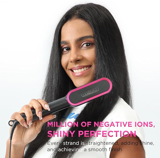 Prizm Hair Straightener Brush, 20s Fast Heating, Negative Ions Hair Straightening Comb with Less Frizz, 4 Temp Settings & LED Display, Anti-Scald Design, Gift for Women, Dual Voltage, Black