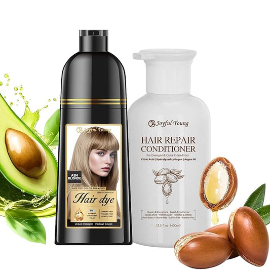 3-in-1 Natural Hair Dye Shampoo & Hair Repair Conditioner Bundle - Gray Coverage & Deep Moisture - Vegan, Sulfate-Free, Color-Safe - Argan Oil, Collagen - 2x400ml (ASH BLONDE