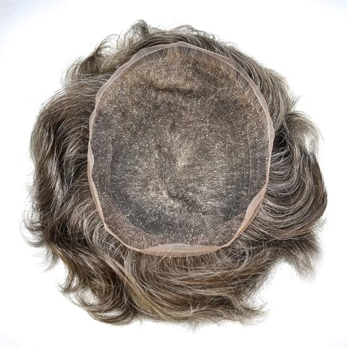 Toupee For Men Real Human Hair System Full Swiss Lace Mens Toupee Lace Hair Piece For Men Hair System Bleached Knots 7x9-90% light density#360 3# DARK BROWN+60% GREY
