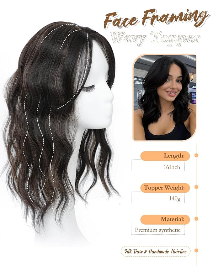 PANEWAY Hair Topper 16Inch Hair Toppers For Women with Thinning Hair 6.5’’x6.5’’ Ladies Wiglets Toppers Hair Pieces for Women - Dark Brown with Highlights