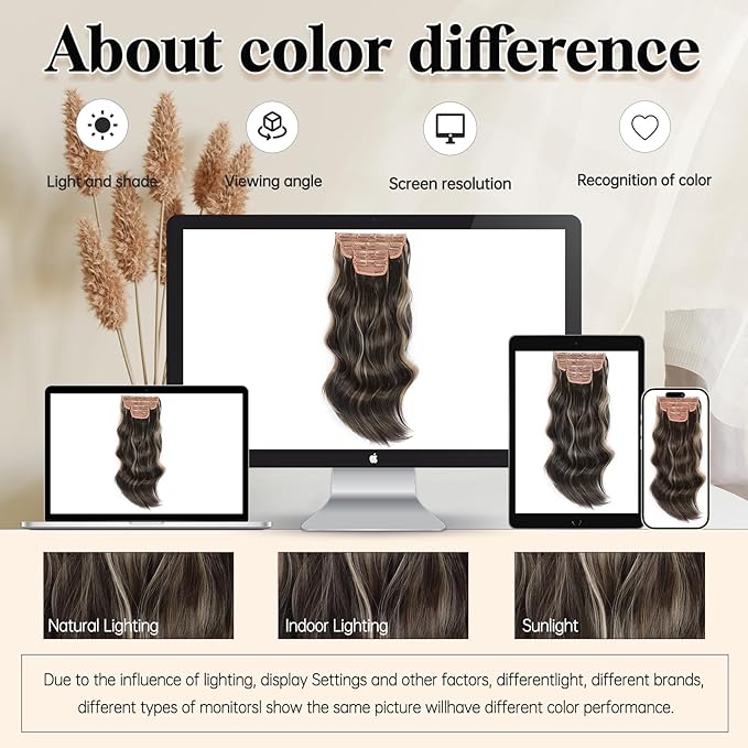 Vigorous Clip in Hair Extensions 20Inch Brown & Blonde Highlights Hair Extension Clip Ins 4Pcs Long Wavy Soft Synthetic Hairpieces for Women Girls Daily Use Event Party Use