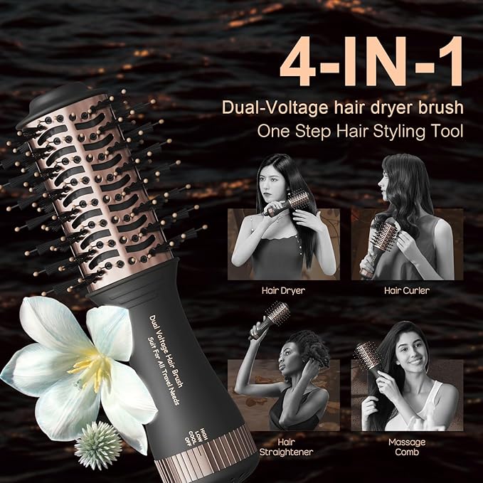 Travel Dual Voltage Blow Hair Dryer Brush 4-IN-1 Portable Mini Hot Air Dryer Straightener & Curler Brush, Titanium 2-Inch Blowout Styler Volumizer Tool, 110/240V US/EU/UK Plug for International Travel
