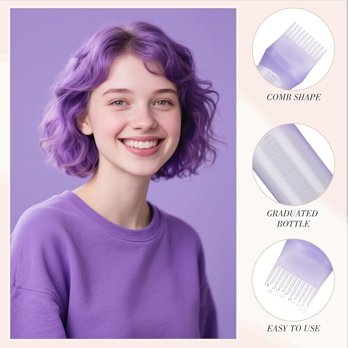 Pimoys Root Comb Applicator Bottle 6 Ounce Hair Oil Applicator 2 Pack Applicator Bottle for Hair Dye Bottle Applicator Brush with Graduated Scale, Purple