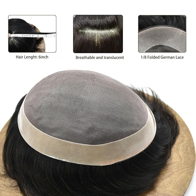 Mens Toupee Human Hair System for Men Durable Fine Mono Lace Men Replacement PU Poly Skin Around Light to Medium Density Wig Hairpiece (6"X8", 1B60 Off Black with 60% gray hair)