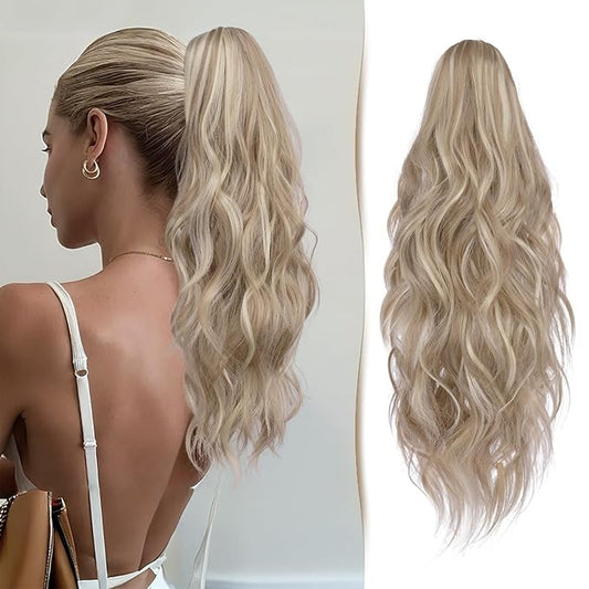 18" Ponytail Curly Claw Clip in Hair Extensions Jaw Clip on Ponytails for Women Wavy Long Ponytail Extension Synthetic Fake Hair for Thinning Hair - Dark Ash Blonde Mixed Bleach Blonde