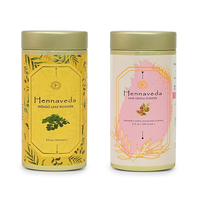 Hennaveda Hair Henna Powder & Indigo Powder, Hair Color Combo with Hair Dye Brush, Gloves and Shower Cap 200g, Henna with Geographical Indication (GI) tag "Sojat Mehndi"