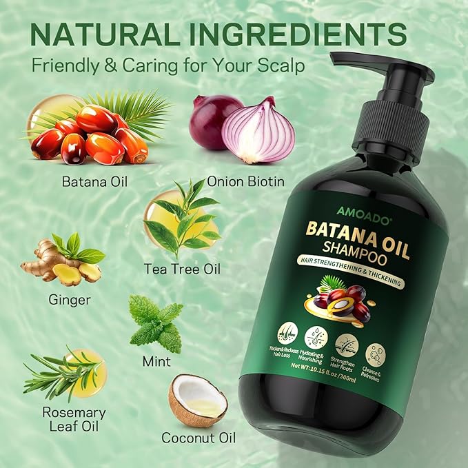 Batana Oil Shampoo for Hair Growth, Strengthening, Thickening, Sulfate Free Hair Shampoo for Women & Men with Thinning Hair & Hair Loss, Infused Rosemary, Tea Tree Oil & Mint, 10.15 fl.oz
