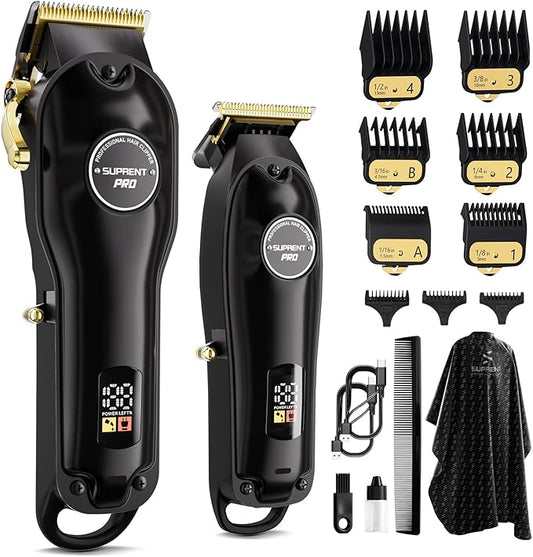 SUPRENT Professional Hair Clippers for Men, Cordless Hair Cutting Kit, Barber Clippers & Zero-gapped Trimmer Combo with Type-C Rechargeable, Titanium Plated Ceramic Blade(Black)