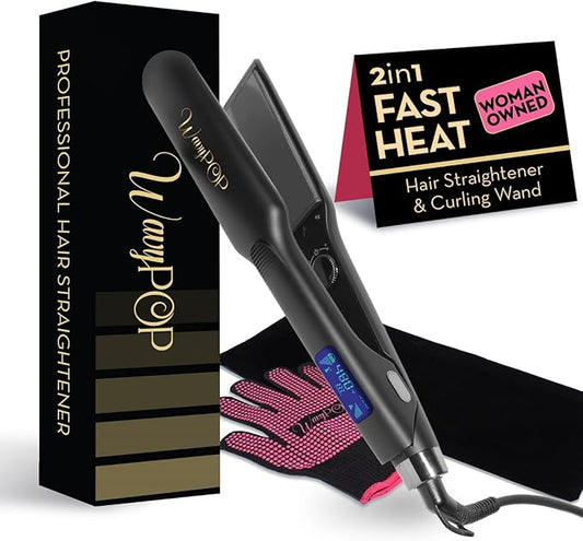 2 in 1 Professional Dual-Voltage Titanium Flat Iron Hair Straightener | up to 480°F | 10s Heat-Up | Straightening Iron & Hair Curling Wand 1.75" with Ceramic MCH Fast Heat, Auto Shut Off