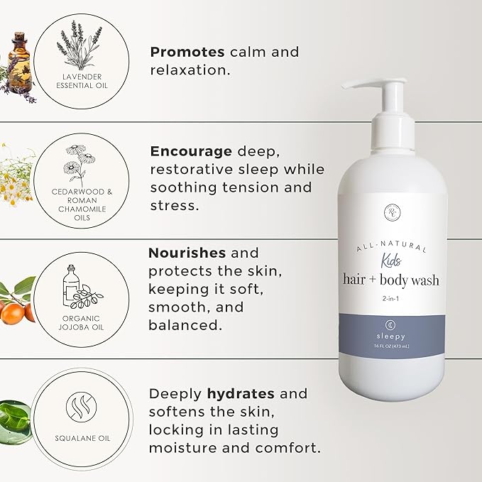 Rowe Casa Organics 2-in-1 Kids Hair & Body Wash with Therapeutic Essential Oils – Sleepy Kids Shampoo & Body Wash with Floral, Relaxing & Calming scent – 16 Fl. Oz