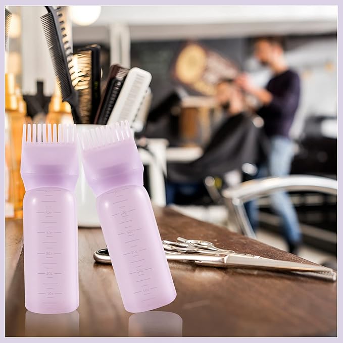 Pimoys Root Comb Applicator Bottle 6 Ounce Hair Oil Applicator 2 Pack Applicator Bottle for Hair Dye Bottle Applicator Brush with Graduated Scale, Purple