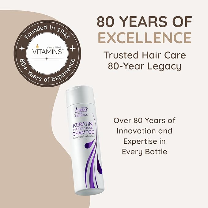 VITAMINS hair cosmetics Keratin Purple Shampoo for Blondes - Blue Shampoo - Hair Toner for Bleached Hair - Tones Brassiness & Repairs Blonde, Silver, Grey, White & Ash Gray Locks