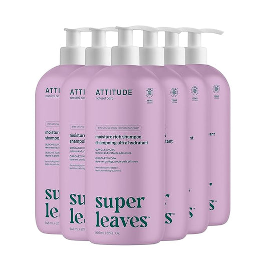 ATTITUDE Moisture Rich Hair Shampoo, EWG Verified, For Dry and Damaged Hair, Naturally Derived Ingredients, Vegan and Plant Based, Quinoa and Jojoba, 32 Fl Oz (Pack of 6)
